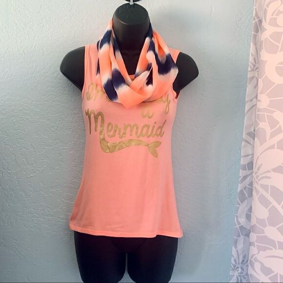 Lily  Bleu Orange Mermaid Graphic Tank Top & Tie Dye Scarf Size Large 14 - Picture 2 of 10